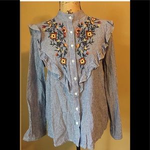 Floral Embroidery Button Down Blouse Blue Sm Med